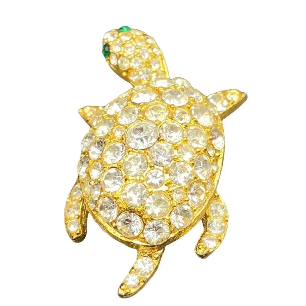 Gold tone rhinestone turtle tortoise pin brooch with green glass eyes gorgeous